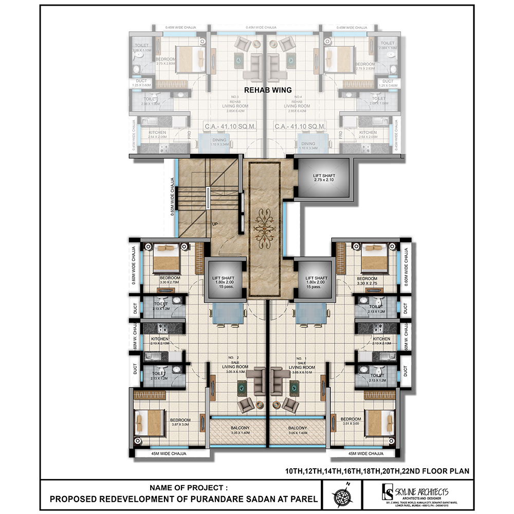 Typical floor plan showing two flats per floor