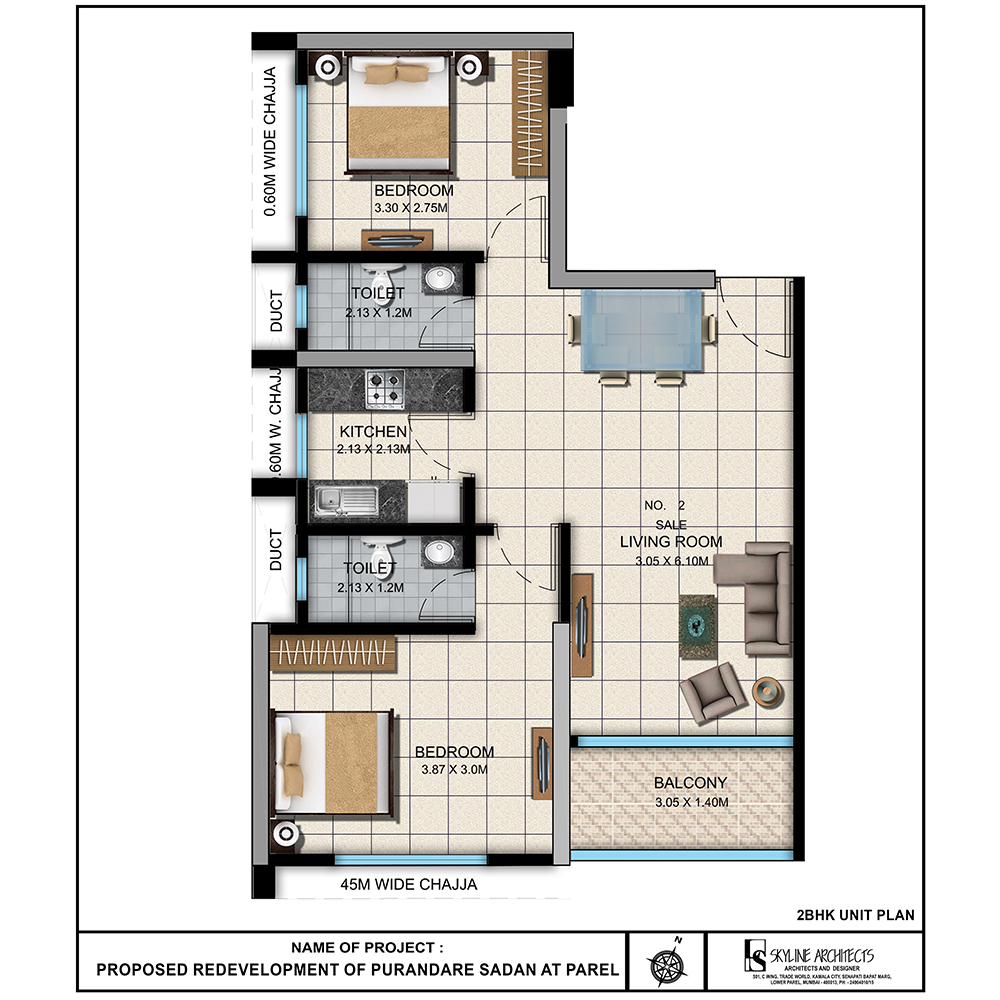 Unit plan for a 2 BHK flat with room dimensions marked